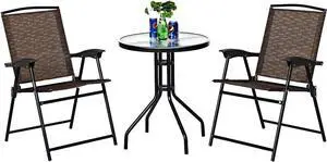 Goplus Patio Bistro Set, 3-Piece Patio Dining Furniture Set with Round Tempered Glass Table, 2 Foldable Chairs, Small Outdoor Folding Chairs & Table Set for Porch Garden Pool Yard