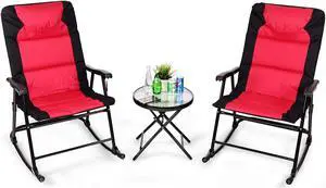 Giantex 3 PCS Folding Bistro Set Outdoor Patio Rocking Chairs Round Table Set 2 Rocking Chairs w/Glass Coffee Table for Yard, Patio, Deck, Backyard Padded Seat (Red & Black)