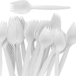 Durable BPA-Free White Disposable Sporks 50 pack. Recyclable, Eco-Friendly, Travel and Kid Safe Fork and Spoon 2-in-1 Eating Utensils. Cutlery for School Lunch, Picnics, Camping and Arts and Crafts Durable BPA-Free White Disposable Sporks 50 pack. Recyclable, Eco-Friendly, Travel and Kid Safe Fork and Spoon 2-in-1 Eating Utensils. Cutlery for School Lunch, Picnics, Camping and Arts and Crafts