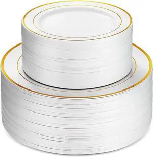 100 Piece Plastic Party Plates White Gold Rim, 50 Premium Heavy Duty 10.25 Inch Dinner Plates and 50 Disposable 7.5 Inch Dessert Appetizer Elegant Fancy Heavy Duty Wedding Plates