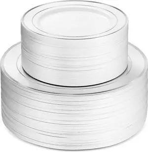 100 Piece Plastic Party Plates White Silver Rim, 50 Premium Heavy Duty 10.25 Inch Dinner and Disposable 7.5 Dessert Appetizer Elegant Fancy Wedding