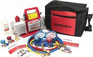 AUTO AC Repair Complete Tool Kit - 1-Stage 3.5 CFM Vacuum Pump, HVAC Manifold Gauge Set, Hoses, and Accessories, Ideal for Mini Split, Automotive and Refrigeration Applications (KZTA35011)