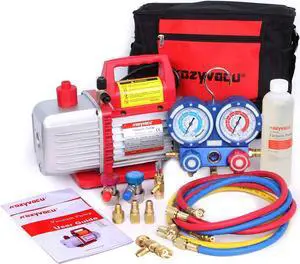 Mini Split/HVAC/AUTO AC Repair Complete Tool Kit - Includes 1-Stage 4.5 CFM Vacuum Pump, Manifold Gauge Set, Hoses and Accessories, Perfect for AC Recovery and R134a Refrigeration(TA450F)