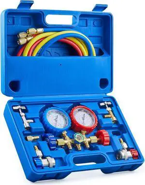 AC Gauges, AC Manifold Gauge Set for R134a R12 R502 Refrigerant, 3 Way Car with 5FT Hoses Couplers & Adapter, Puncturing & Self Sealing Can Tap Freon Charge Kit