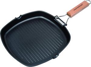 Non-Stick Grill Pan with Folding Wooden Handle, 8", Black and Brown