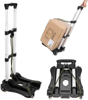 Portable Hand Truck Aluminum Folding Luggage Cart Lightweight Compact Trolley with Elastic Hook Rope for Travelling Moving Luggage Personal and Office Use 80 LB