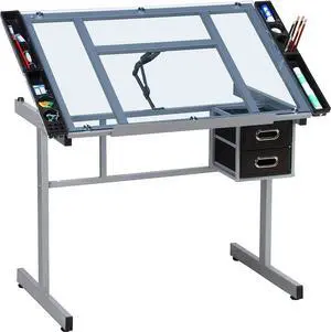 Yaheetech Drawing Desk Adjustable Glass Drafting Study Table for Diamond/Versatile Art Craft Station w/ 2 Slide Rolling Wheels and Drawers for Artist Painters Home Office