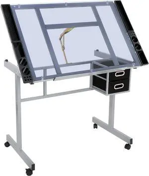 ZenStyle Glass Top Drafting Table with Storage, Adjustable Multifunctional Drafting Drawing Table Desk Tempered Glass Top Art Craft w/Drawers, Castors