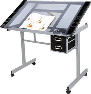 Adjustable Drafting Table Art Desk Drawing Table Versatile Art Craft Work Station Glass Tabletop w/2 Slide Drawers and Wheels for Reading, Writing, Painting Home Office