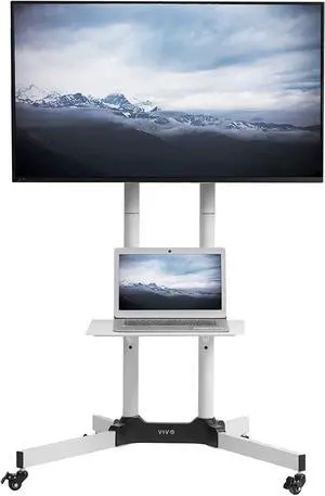Mobile TV C for 32 to 83 inch Screens up to 110 lbs, LCD LED OLED 4K Sm Flat and Curved Panels, Rolling Stand with Laptop DVD Shelf, Locking Wheels, Max VESA 600x400, White, STAND-TV03W