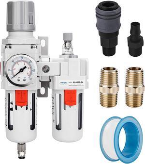 1/2" NPT Compressed Air Filter Regulator Lubricator Combo Water/Oil Trap Separator - Gauge(0-150 psi), Poly Bowl, Semi-Auto Drain, Bracket - 3 in 1 Two Unit