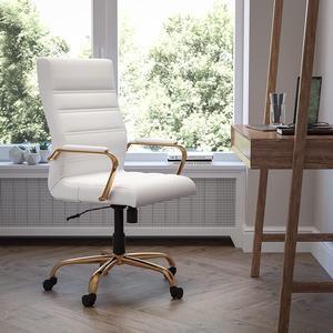 EMMA + OLIVER High Back White LeatherSoft Executive Swivel Office Chair with Gold Frame/Arms