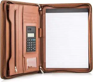 Premium Business Portfolio with Zipper  Padfolio - Superior Business Impressions Begin with PU Vegan Leather, 10.1 Inch Tablet Sleeve, Smart Storage, Solar Calculator, Writing Pad - Tan