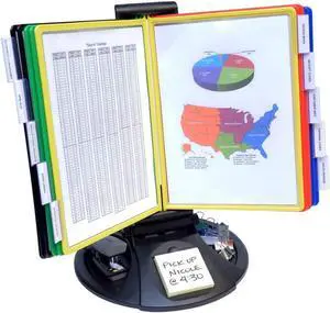 Office AdjustaView 10-Pocket Desk Reference Organizer with Supplies Storage Base and EZ-Load Pockets to Hold 20 Sheets of Paper, Includes Fast Find Indexing Tabs (Colored Pockets)