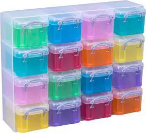 Really Useful Organiser, 16 x 0.14 Litre Storage Boxes in a Clear Plastic Organiser and Assorted Coloured Boxes