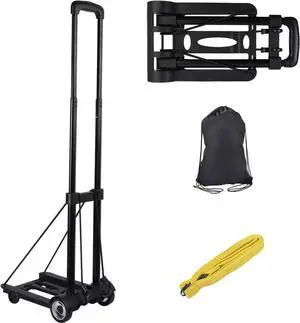 KINJOEK 25kg 55lbs Folding Hand Truck, Solid Construction Utility Cart for Luggage with 2 Oversized Wheels Bonus Bungee Cord, Collapsible, Lightweight and Compact Luggage Dolly Cart for Travel, Black