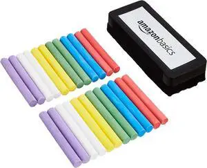 Amazon Basics Dustless Colored Chalk with Eraser, Assorted Colors, Chalkboard Writing Art Tool Set, Erasable, 24 Count Amazon Basics Dustless Colored Chalk with Eraser, Assorted Colors, Chalkboard Writing Art Tool Set, Erasable, 24 Count