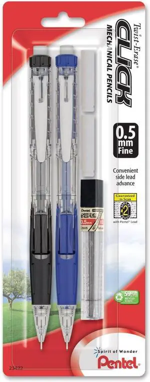 Pentel Twist-Erase Click Mechanical Pencil, (0.5mm), Assorted Barrels, 2 Eraser Refills and Lead, Color May Vary, Pack of 2 (PD275TLEBP2) Pentel Twist-Erase Click Mechanical Pencil, (0.5mm), Assorted Barrels, 2 Eraser Refills and Lead, Color May Vary, Pack of 2 (PD275TLEBP2)