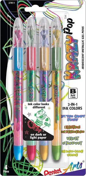Pentel Arts Krazy Pop Iridescent Gel Pen, (1.0mm) Bold Line, Assorted Ink, Pack of 4 (K91PABP4M3) Pentel Arts Krazy Pop Iridescent Gel Pen, (1.0mm) Bold Line, Assorted Ink, Pack of 4 (K91PABP4M3)