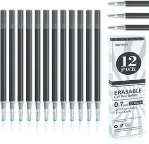 Vanstek 12 Black Erasable Gel Pen Refills, Gel Ink Refills Compatible with Erasable Pens, Fine Point 0.7 mm, Perfect for Writing Planner & Crossword Puzzles Vanstek 12 Black Erasable Gel Pen Refills, Gel Ink Refills Compatible with Erasable Pens, Fine Point 0.7 mm, Perfect for Writing Planner & Crossword Puzzles