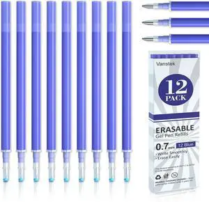 Vanstek 12 Blue Erasable Gel Pen Refills, Gel Ink Refills Compatible with Erasable Pens, Fine Point 0.7 mm, Perfect for Writing Planner & Crossword Puzzles Vanstek 12 Blue Erasable Gel Pen Refills, Gel Ink Refills Compatible with Erasable Pens, Fine Point 0.7 mm, Perfect for Writing Planner & Crossword Puzzles