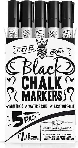 CHALKY CROWN Black Liquid Chalk Markers - Black - 5 Pack, 6mm Tip | Bold Black Ink for Chalkboard Signs, Windows & Glass - Reversible 6mm Chisel & Bullet Tip - Easy Wet Wipe Erasable CHALKY CROWN Black Liquid Chalk Markers - Black - 5 Pack, 6mm Tip | Bold Black Ink for Chalkboard Signs, Windows & Glass - Reversible 6mm Chisel & Bullet Tip - Easy Wet Wipe Erasable