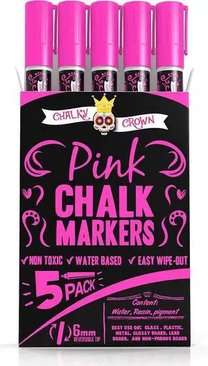 CHALKY CROWN Pink Liquid Chalk Markers - Pink - 5 Pack, 6mm Tip CHALKY CROWN Pink Liquid Chalk Markers - Pink - 5 Pack, 6mm Tip