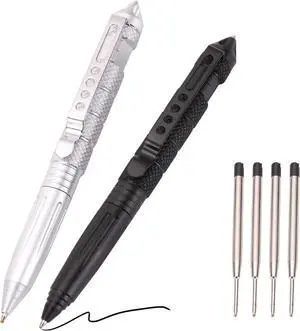2 Pack Military Tactical Pen Set with 6 Black Ballpoint Refills for Writing, Made of Tungsten Steel & Aluminum (Black & Silver) 2 Pack Military Tactical Pen Set with 6 Black Ballpoint Refills for Writing, Made of Tungsten Steel & Aluminum (Black & Silver)