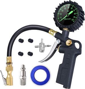 AstroAI Tire Inflator with Pressure Gauge, 100 PSI Air Chuck and Compressor Accessories Heavy Duty with Large 2.5" Easy Read Glow Dial, Durable Rubber Hose and Quick Connect Coupler