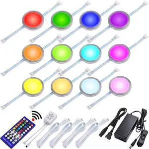 RGBWW LED Closet Light, Hutch Bookshelf Showcase Display Lighting, Multi Color Chaneable & Warm White, Remote Dimmer, Daisy Chained Linkable Pucks, 120V Hard Wiring & Plug in, 12 Lights