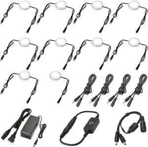 Kitchen Cabinet LED Puck Lights Kit, Linkable Bookshelf Lights, Touch Dimmer, 120V Wall Plug-in Adapter, Under Above Mounted, 0.3 Inch Low Profile, Black Cord, 10 Lights, Daylight 6000K