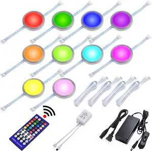 RGBWW Under Counter Light, LED Pucks for Holiday Decor Lighting, Red Green Blue & Warm White Color Changing, Remote Dimmable, Linkable, 110V Direct Hard Wired & Plug-in, 10 Lights