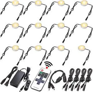 Slim Under Cabinet LED Puck Lights, 110V Wired Accent Lighting Kit, Plug-in & Direct Hardwiring, Daisy Chained linkable, RF Remote Dimmable, Black Cables, Warm White 2700K, 12 Lights