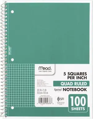 Mead Spiral Notebook, 1 Subject, Graph Ruled Paper, 7-1/2" x 10-1/2", 100 Sheets, Green (05676AC5) Mead Spiral Notebook, 1 Subject, Graph Ruled Paper, 7-1/2" x 10-1/2", 100 Sheets, Green (05676AC5)