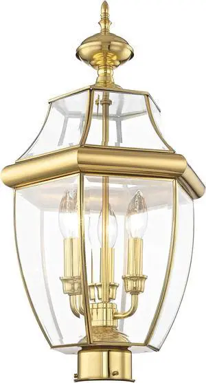 Livex Lighting Lantern 2354-02 Monterey 3 Light Outdoor Polished Brass Finish Solid Brass Post Head with Clear Beveled Glass, 17" x 9" x 11"
