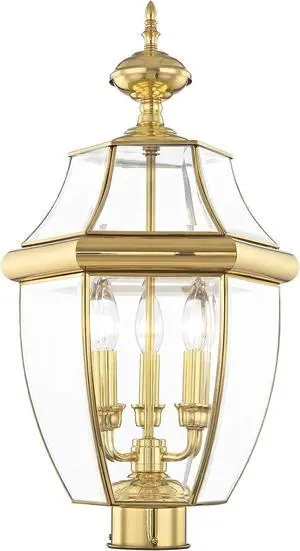 Livex Lighting Lantern 2354-02 Monterey 3 Light Outdoor Polished Brass Finish Solid Brass Post Head with Clear Beveled Glass, 17" x 9" x 11" Livex Lighting Lantern 2354-02 Monterey 3 Light Outdoor Polished Brass Finish Solid Brass Post Head with Clear Beveled Glass, 17" x 9" x 11"