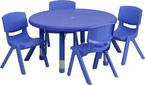 Flash Furniture Emmy 33'' Round Blue Plastic Height Adjustable Activity Table Set with 4 Chairs, Welcome to consult