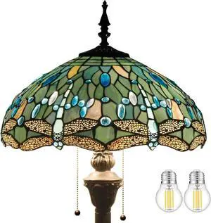 WERFACTORY Tiffany Floor Lamp Sea Blue Stained Glass Dragonfly Standing Reading Light 16X16X64 Inches Antique Pole Corner Lamp Decor Bedroom Living Room Home Office S147 Series