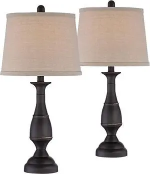 Regency Hill Ben Farmhouse Traditional Table Lamps 25" High Full Size Set of 2 Dark Bronze Brown Metal Beige Linen Drum Shade Decor for Living Room Bedroom House Bedside Nightstand Home Office