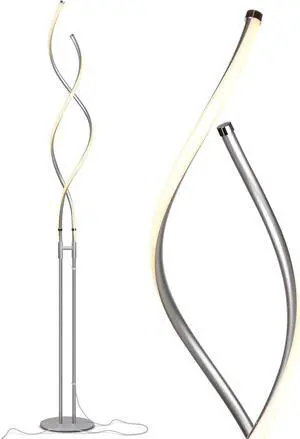 Brightech Embrace Dimmable LED Floor Lamp  Modern Spiral Adjustable Standing Lamp for Living Rooms & Offices  2-in-1 Tall End Table Lamp for Bedroom Reading - Silver