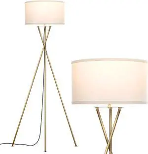 Brightech Jaxon LED Floor lamp, Modern Lamp for Living Rooms & Offices, Tall Lamp with Contemporary Drum Shade, Gold Tripod Standing Lamp for Bedroom Reading, Great Living Room Decor - Brass