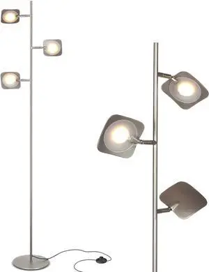 Brightech Tree Floor Lamp for Living Rooms & Offices, Dimmable Standing Lamp for Bedroom Reading, LED Spotlight Floor Lamp, Tall Lamp with Adjustable Panels for Minimal Space Use - Satin Nickel