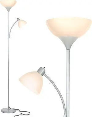 Brightech Sky Dome Plus LED Floor lamp, Torchiere Super Bright Floor Lamp with Reading Lamp for Living Rooms & Offices - Dimmable Tall Standing Lamp for Bedroom Reading - Silver