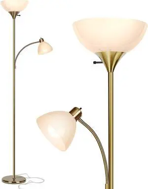 Brightech Sky Dome Plus LED Floor lamp, Torchiere Super Bright Floor Lamp with Reading Lamp for Living Rooms & Offices - Dimmable Tall Standing Lamp for Bedroom Reading - Gold Brass