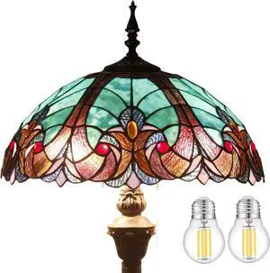 WERFACTORY Tiffany Floor Lamp Green Brown Liaison Stained Glass Standing Reading Light 16X16X64 Inches Antique Pole Corner Lamp Decor Bedroom Living Room Home Office S160G Series