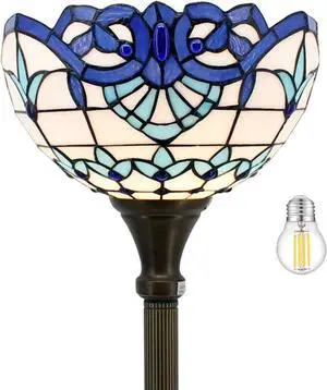WERFACTORY Tiffany Floor Lamp Navy Blue Baroque Stained Glass Light 12X12X66 Inches Pole Torchiere Standing Corner Torch Uplight Decor Bedroom Living Room Home Office S003B Series