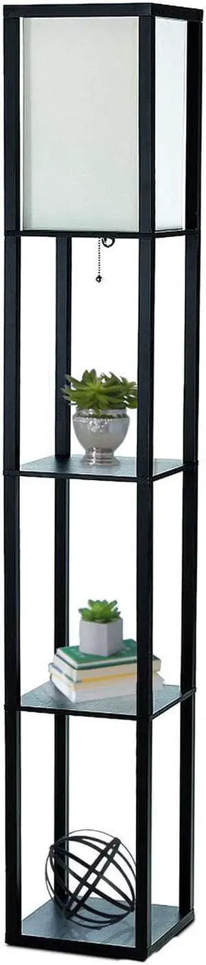 Simple Designs LF1014-BLK 62.5" Modern Etagere Organizer Storage 3 Shelf Floor Lamp with White Linen Fabric Shade for Home Décor, Office, Study, Bedroom, Living Room, Dining Room, Black