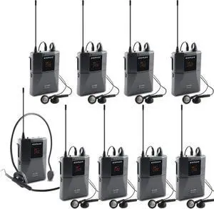 EXMAX UHF-938 UHF Acoustic Transmission Wireless Headset Microphone Audio Tour Guide System for Church Churches Translation Teaching Travel Simultaneous Interpretation(1 Transmitter and 8 Receivers)