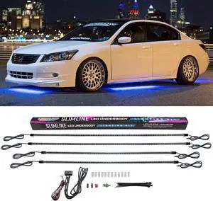 4pc Blue Slimline LED Underbody Underglow Accent Neon Lighting Kit for Cars - Solid Color Illumination - Water Resistant, Low Profile Tubes - Included Power Switch Turns Lights On & Off