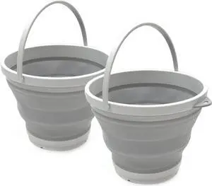 SAMMART 7L (1.8 gallon) Set of 2 Collapsible Plastic Bucket - Foldable Round Tub - Portable Fishing Water Pail - Space Saving Outdoor Waterpot, size 28cm dia (2, Grey)